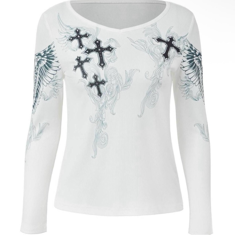 White Long-Sleeve V-Neck Cross & Wing Graphic Top